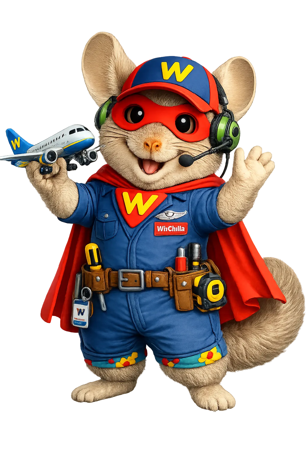 WinChilla mascot holding a toy airplane to promote an airline crm system for managing customer inquiries, follow-ups, and airline marketing.