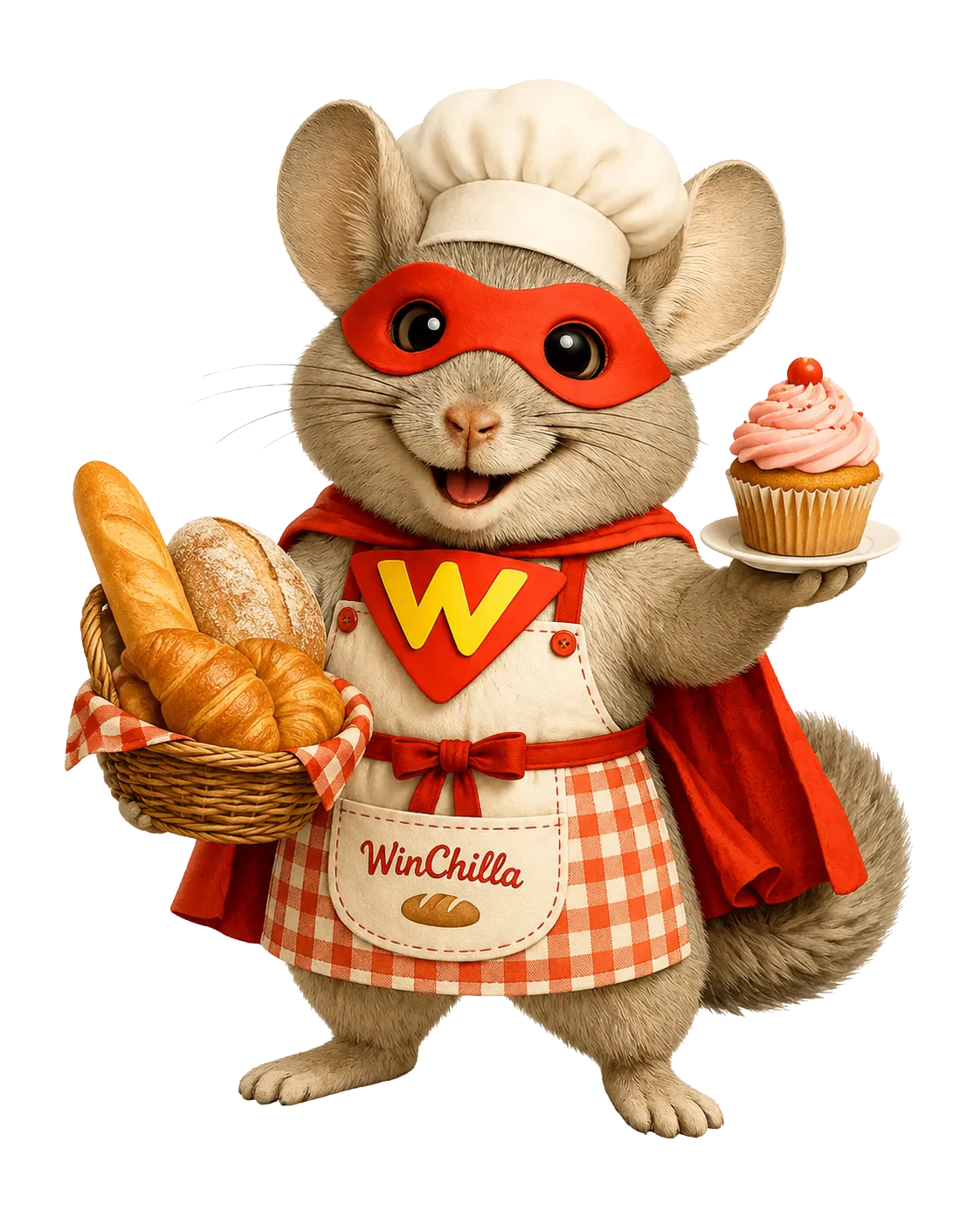 WinChilla bakery marketing mascot wearing a chef hat and apron while holding a basket of fresh bread, croissants, and a cupcake.