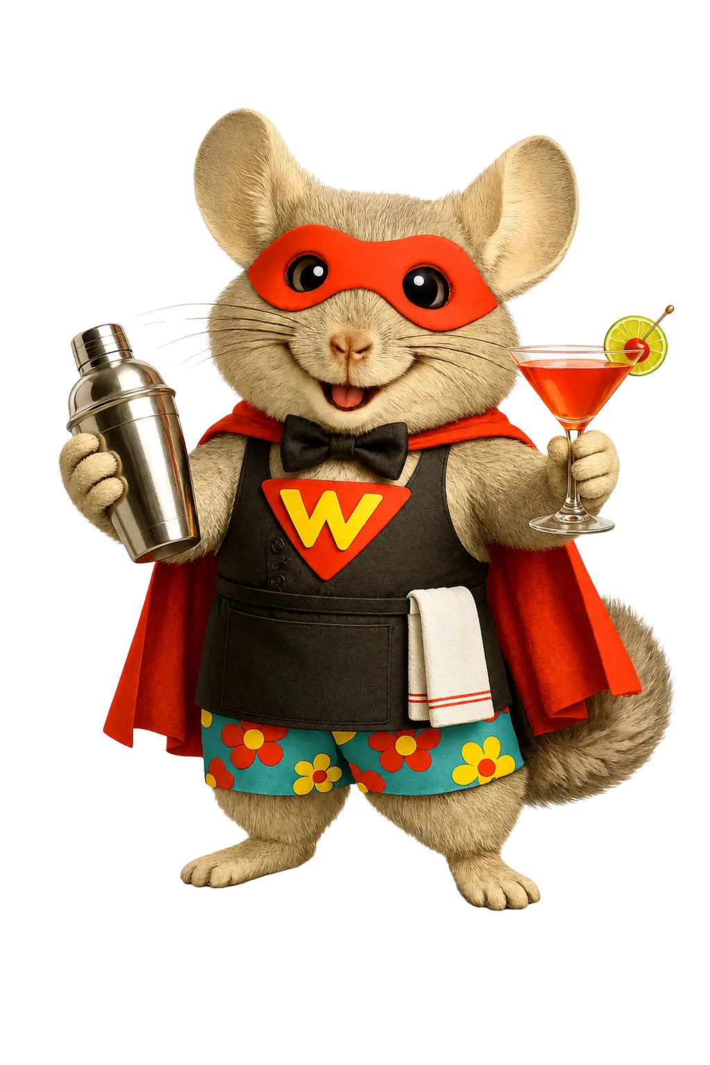 Superhero mouse mascot dressed as a bartender holding a cocktail shaker and colorful drink for bar marketing software WinChilla.