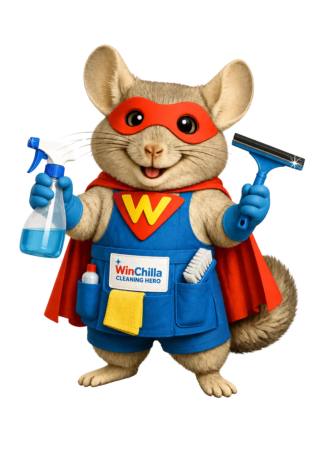 WinChilla cleaning business software mascot holding a spray bottle and squeegee.