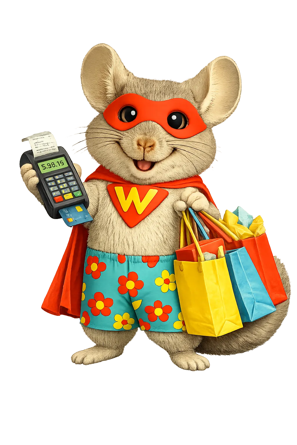 WinChilla mascot holding shopping bags and a payment terminal to represent retail CRM software for busy retail store teams.