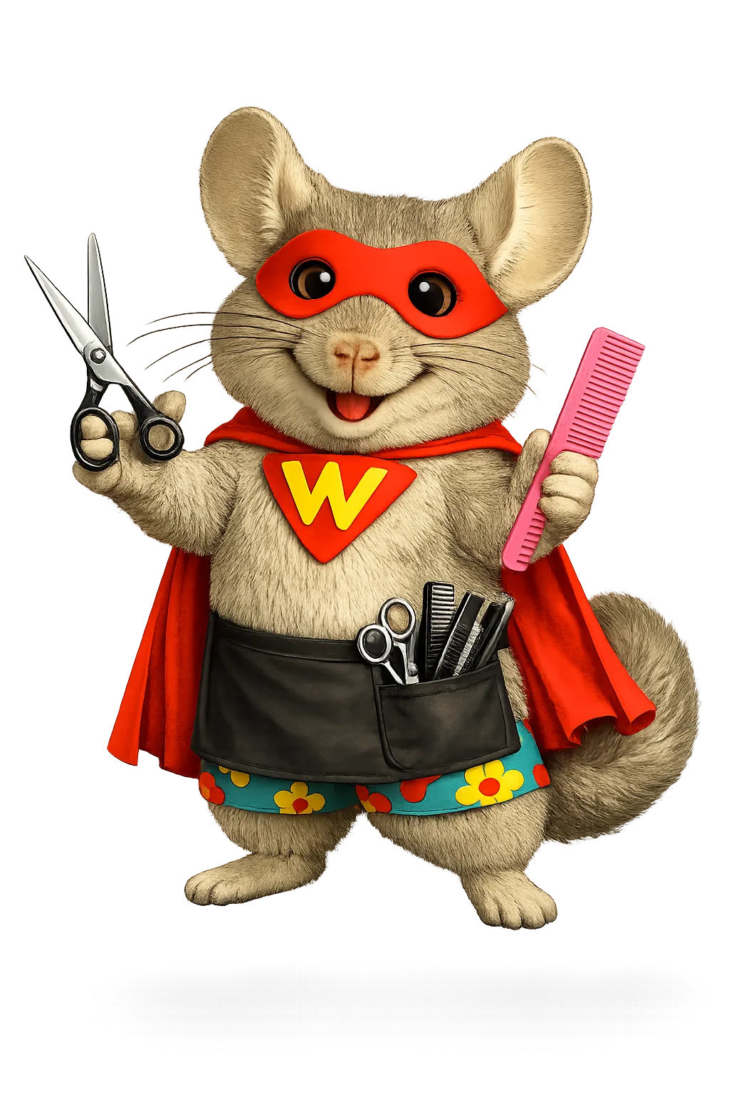Salon CRM software mascot holding scissors and a comb, dressed as a cheerful superhero salon assistant for WinChilla.