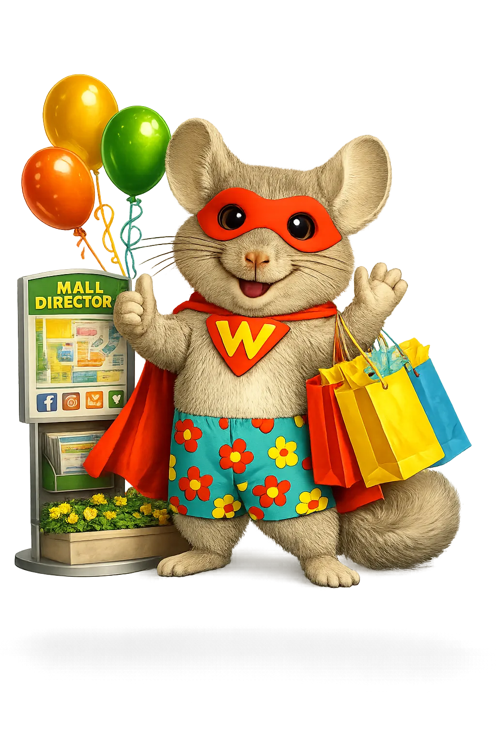 WinChilla mascot holding shopping bags for a shopping center page about mall CRM software