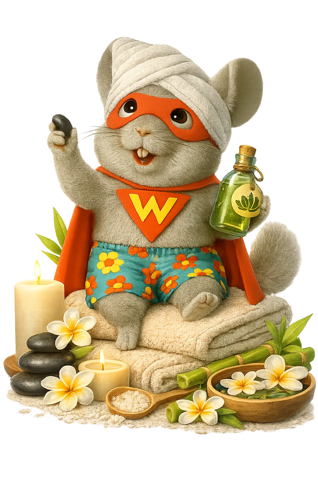 WinChilla spa CRM mascot sitting on folded towels with candles, flowers, massage stones, bamboo, and spa oil for a relaxing spa setting.