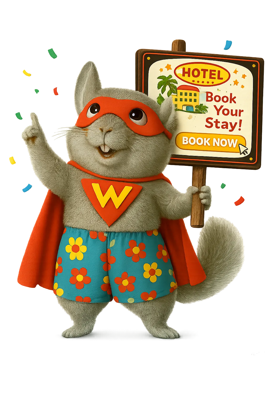 WinChilla mascot holding a hotel booking sign, representing hotel CRM software that helps hotels and motels manage guest follow-up and direct bookings.
