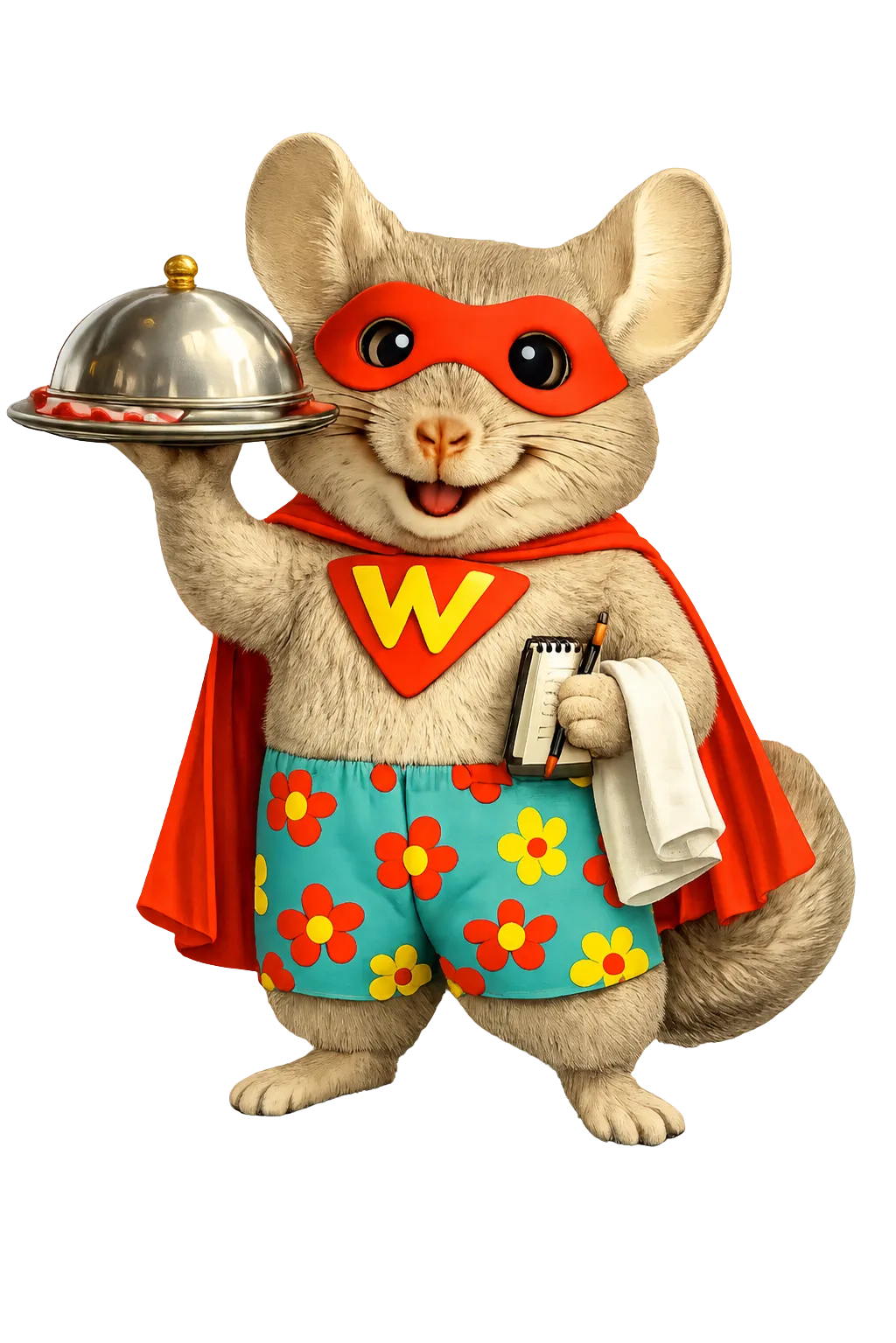Cheerful superhero chinchilla mascot in a red mask and cape holding a serving tray and notepad, representing a fun restaurant CRM for customer loyalty and marketing.