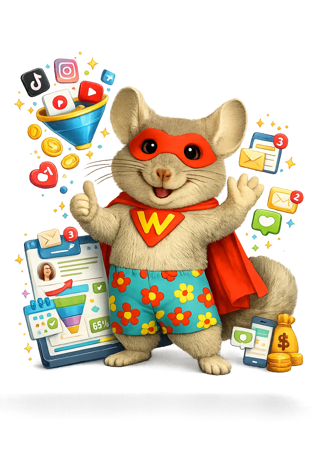 WinChilla mascot showing how an influencer CRM helps content creators capture leads, manage followers, automate messages, and grow audience relationships.