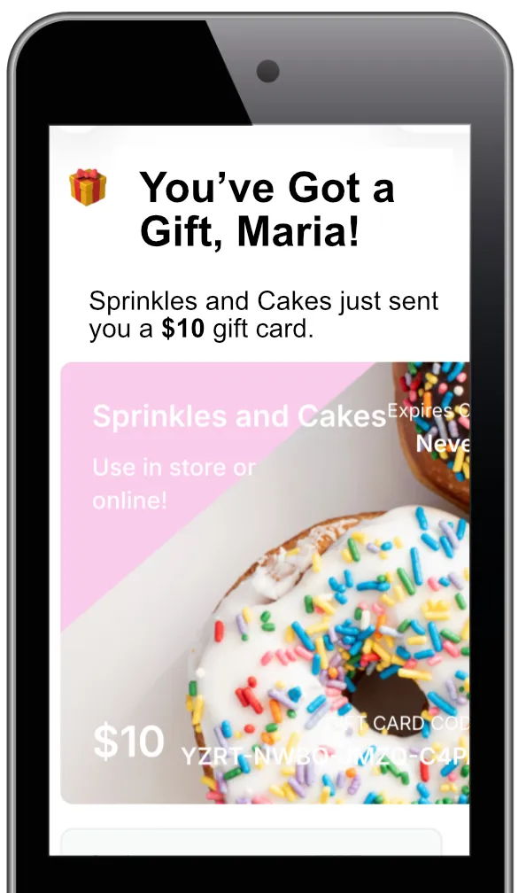 Customer email containing e gift card for gift card marketing
