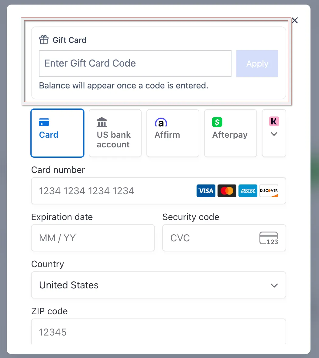 Gift card online redemption screen for digital gift card marketing