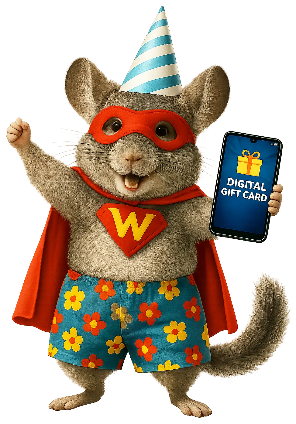 WinChilla mascott showing digital gift card marketing on phone