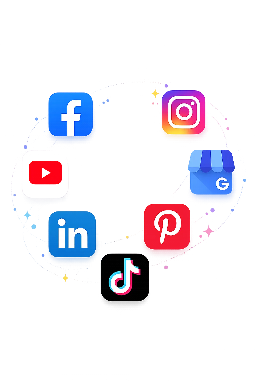 Social media and Google Business Profile icons representing multi-channel promotion for family entertainment center marketing.