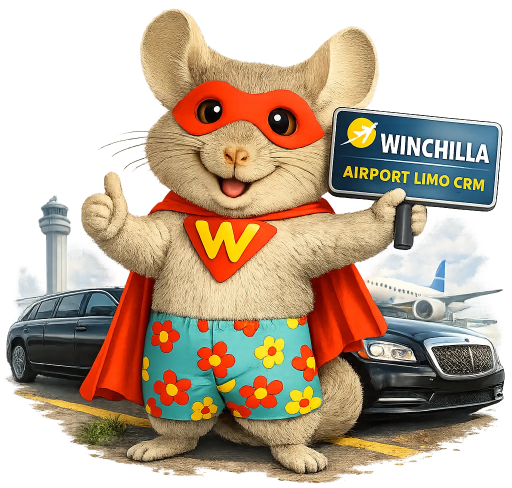 WinChilla airport limo CRM mascot holding a sign beside a black limousine at an airport, promoting limo company lead follow-up and booking automation.