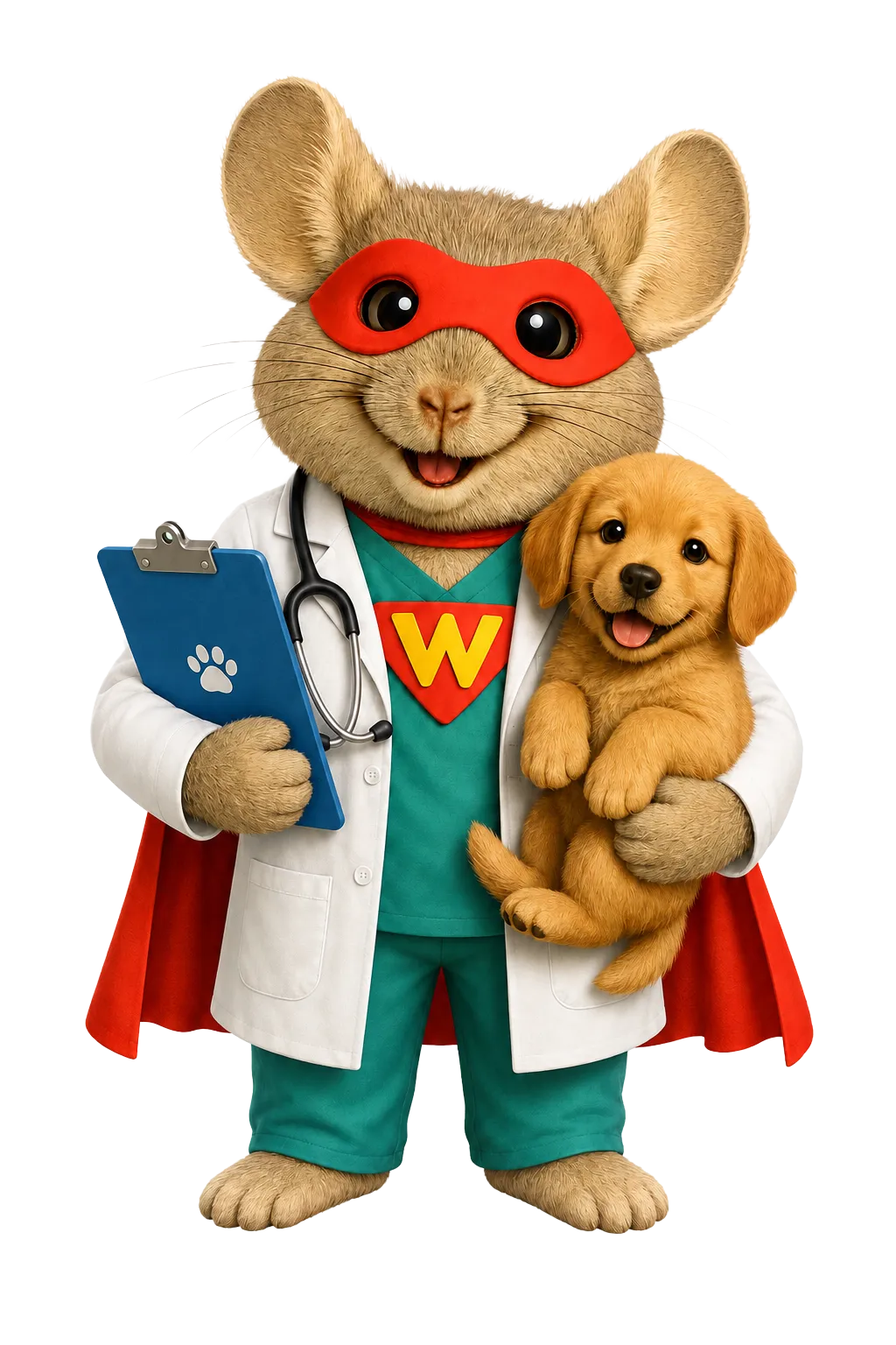 WinChilla veterinary marketing software mascot dressed as a veterinarian and holding a happy puppy.