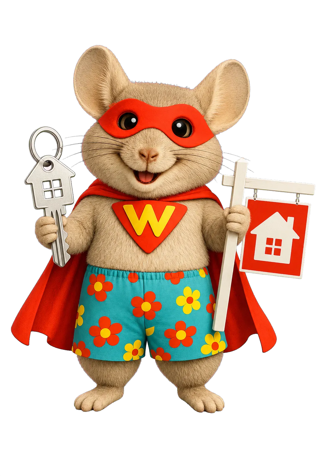WinChilla mascot holding a house key and property sign, representing real estate marketing software.