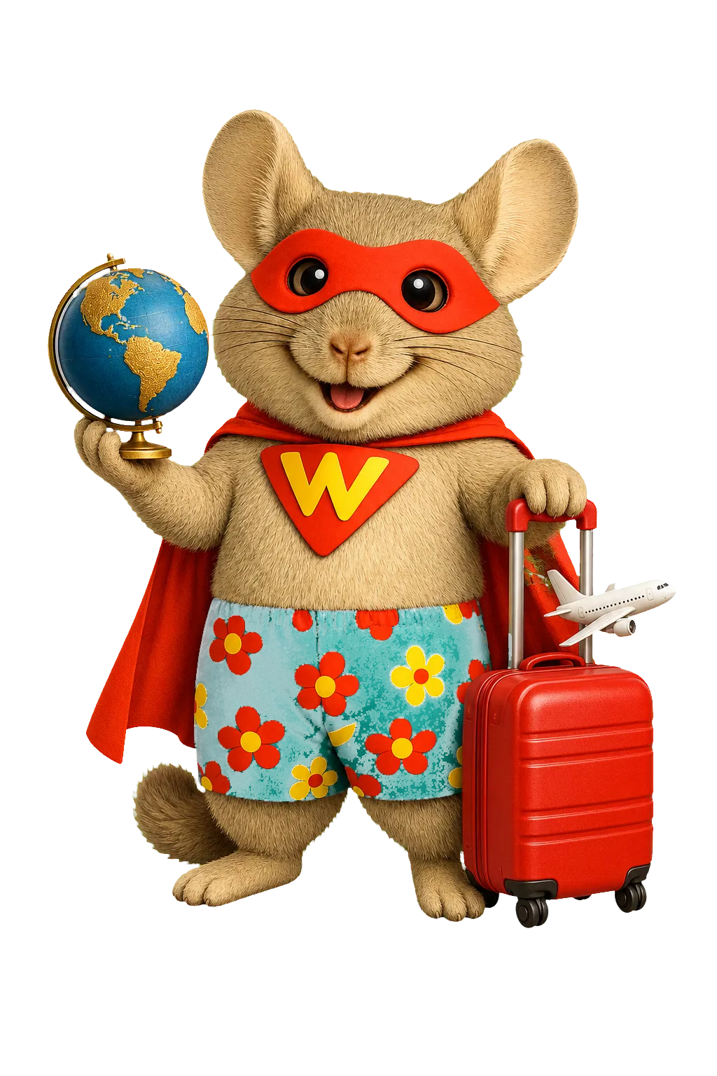 WinChilla travel agency CRM mascot holding a globe beside a red suitcase and airplane.