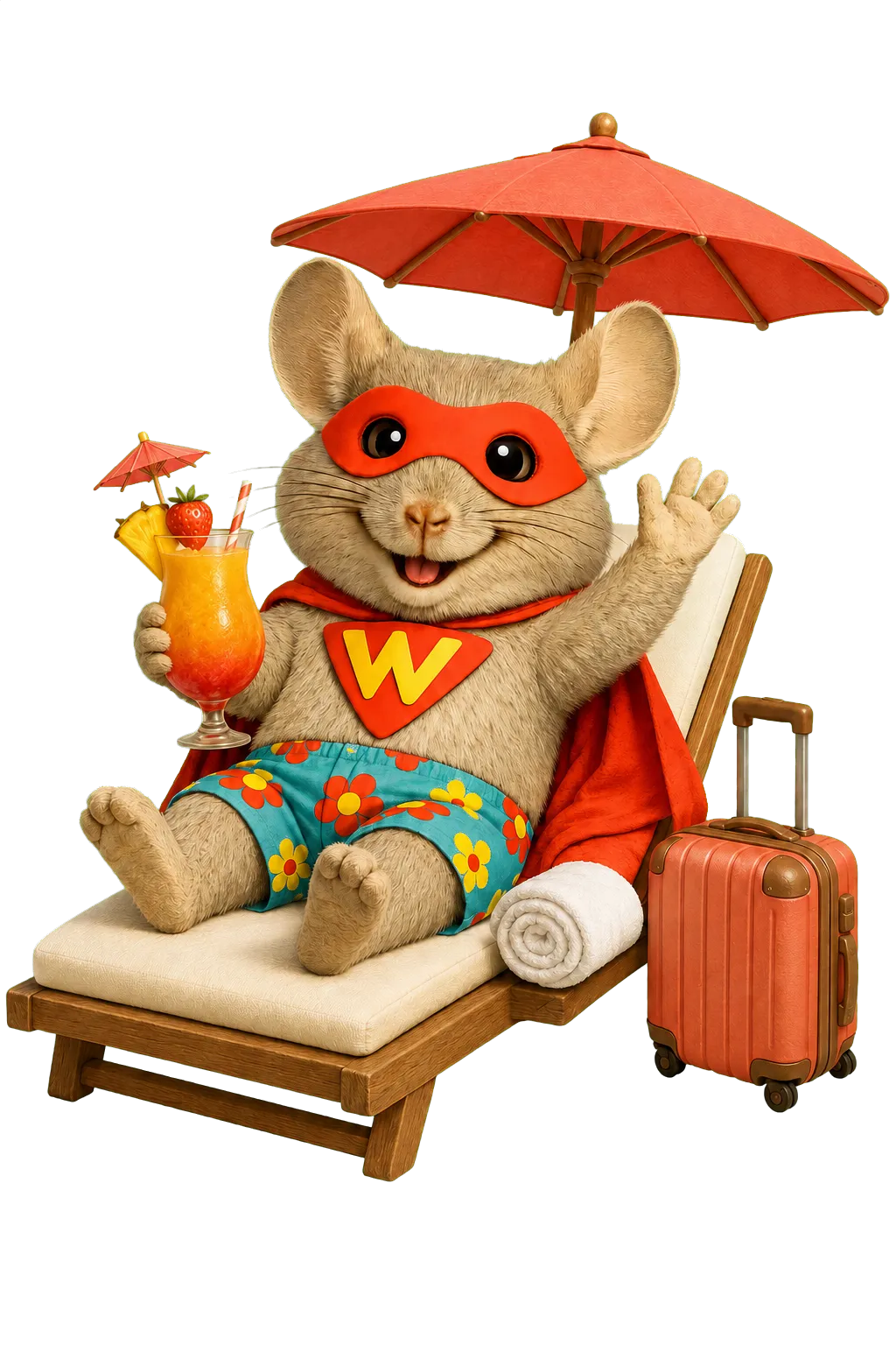 WinChilla mascot relaxing at a tropical resort, representing hospitality CRM software for guest communication, marketing and follow-up.