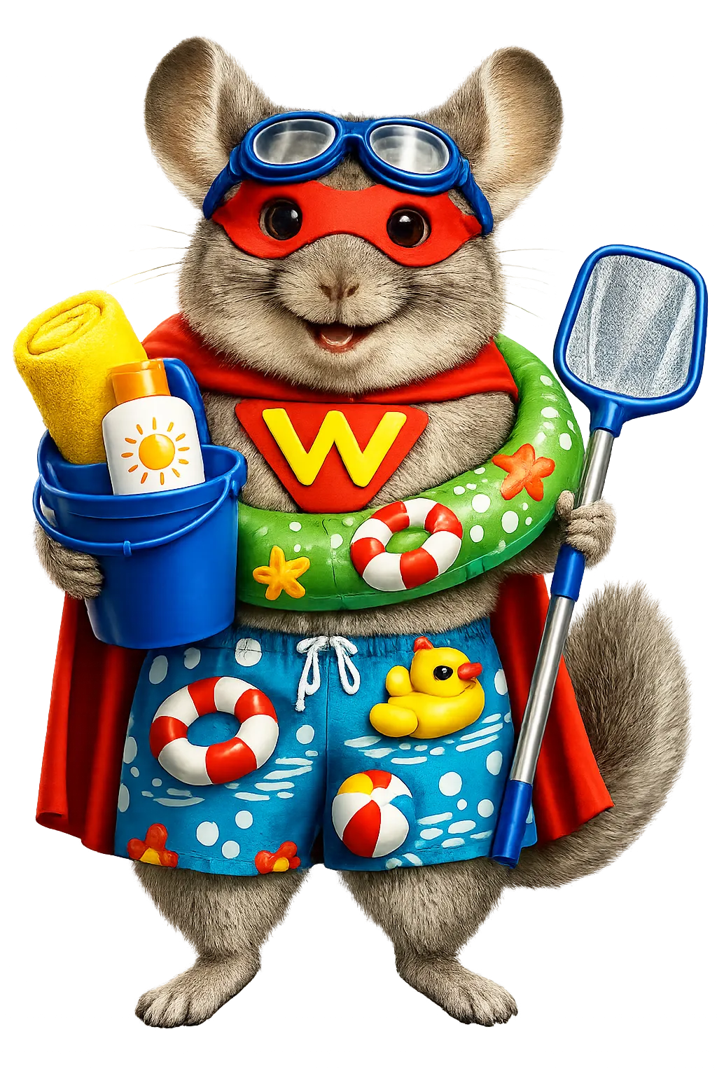 Caped WinChilla mascot in swim gear holds pool supplies and a skimmer, representing pool and spa business software.