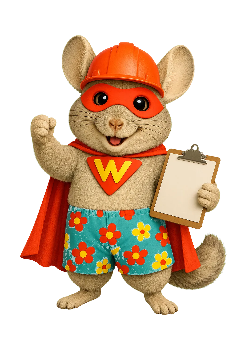 Superhero mascot wearing an orange hard hat and red cape, raising a fist and holding a clipboard, representing labor union software.