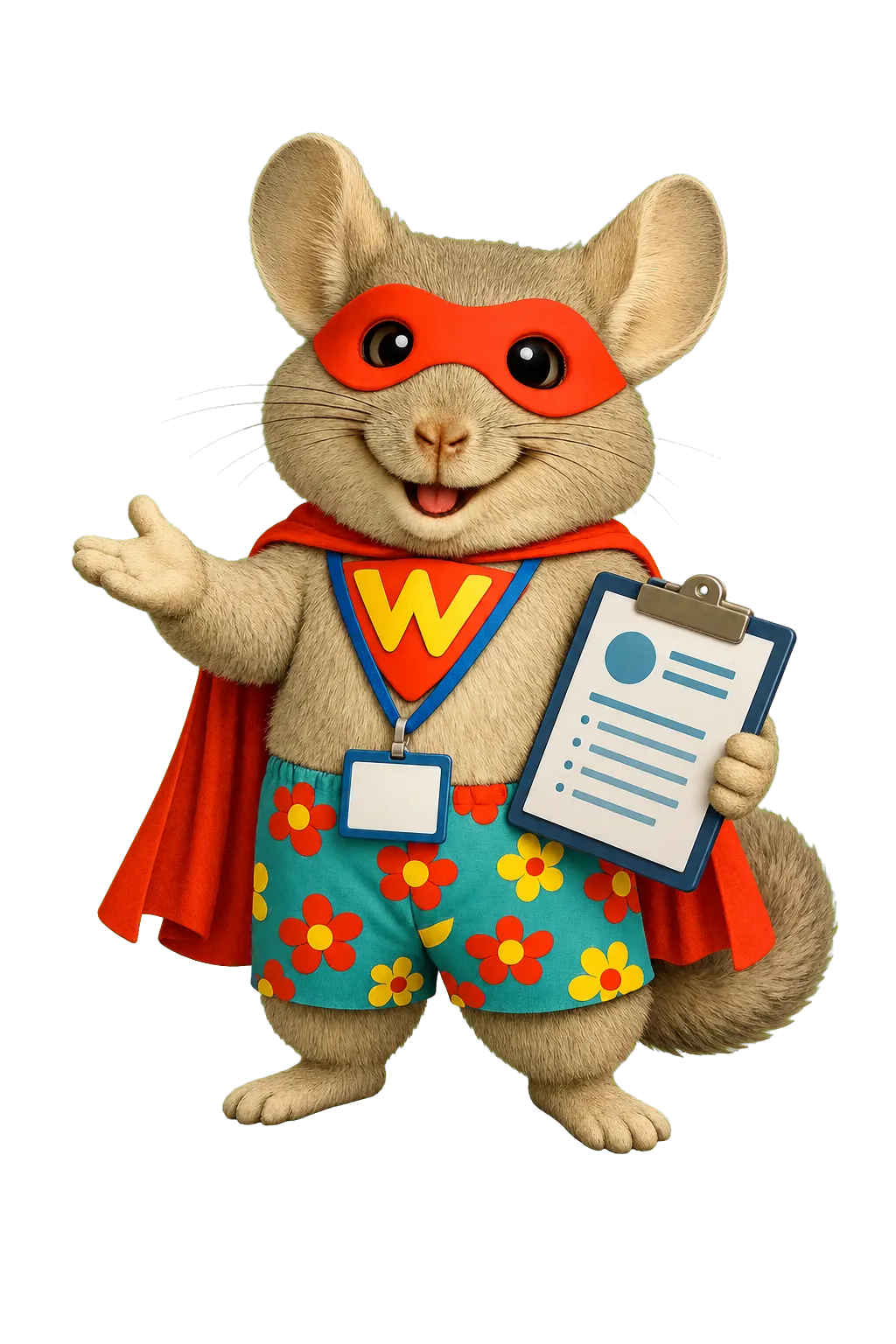 Superhero mascot wearing an ID badge and holding a member profile clipboard, representing a membership CRM for professional associations.