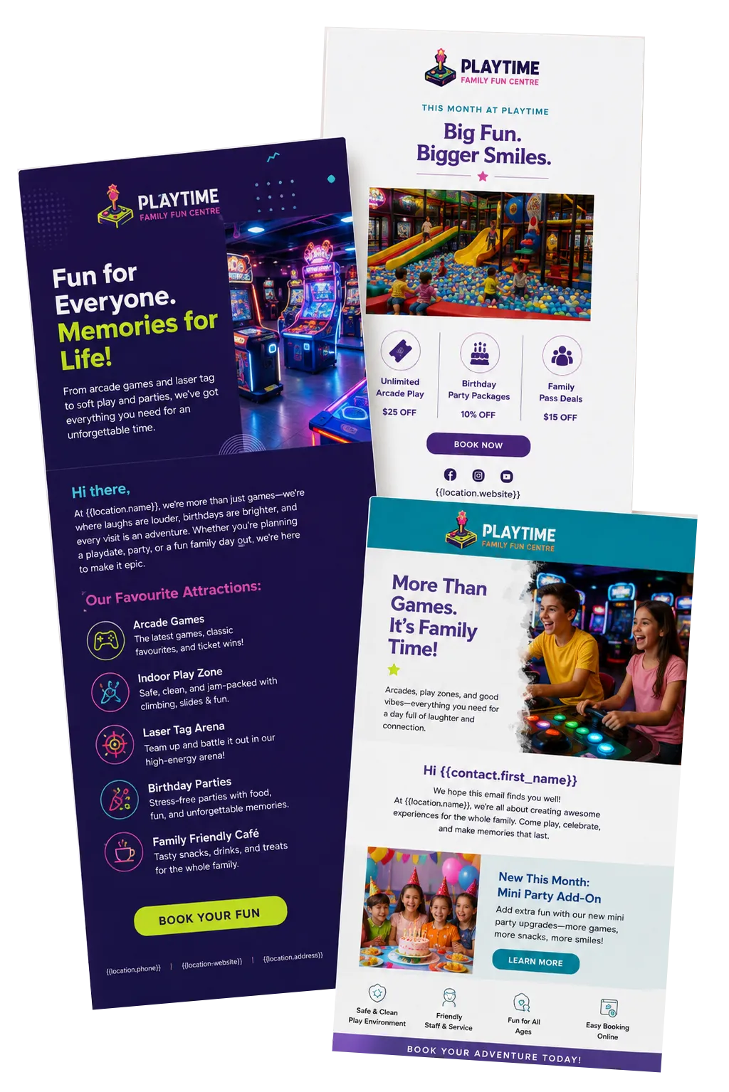 Promotional email templates showcasing arcade attractions, birthday offers, and events for family entertainment center marketing.