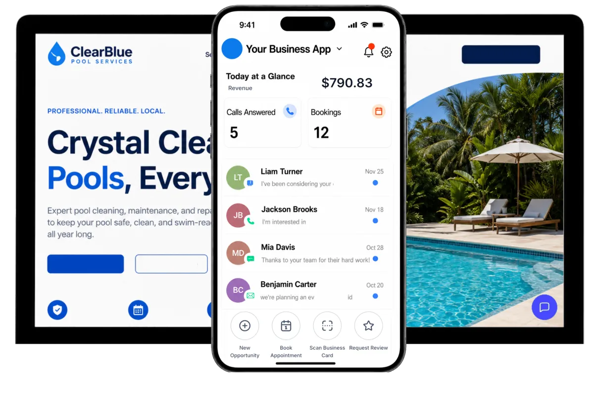 Mobile dashboard displaying bookings, customer messages, and revenue tracking center software for pool service businesses