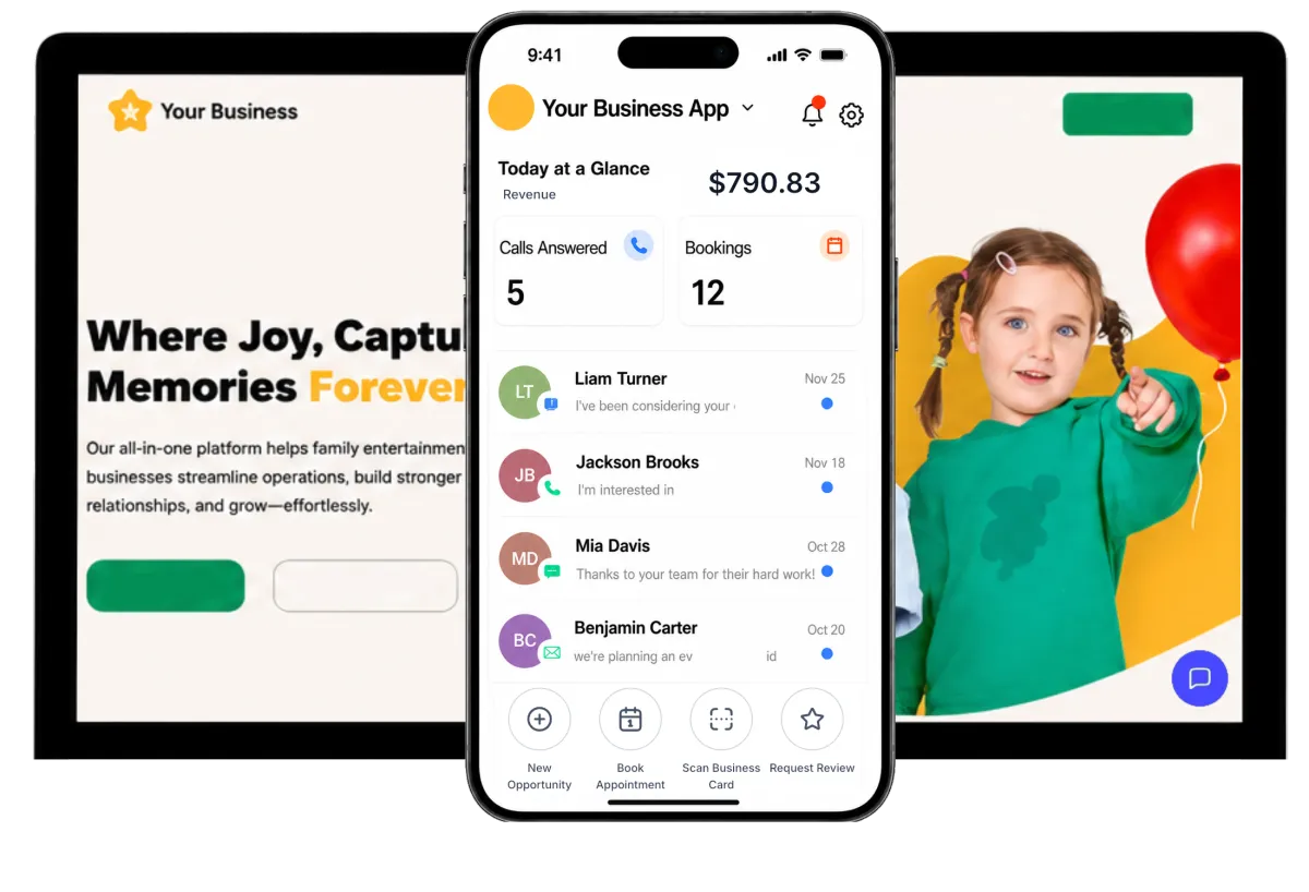 Mobile dashboard displaying bookings, customer messages, and revenue tracking with family entertainment center software for business owners.
