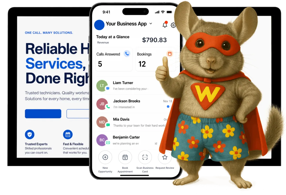 dashboard for service business owners showing customer contacts and mobile app