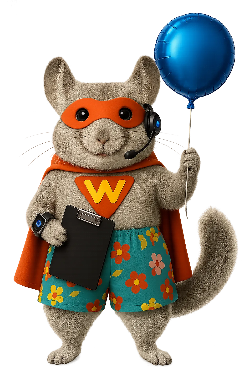 Friendly mascot wearing a headset and holding a clipboard, representing customer support and AI Receptionist with amusement park software