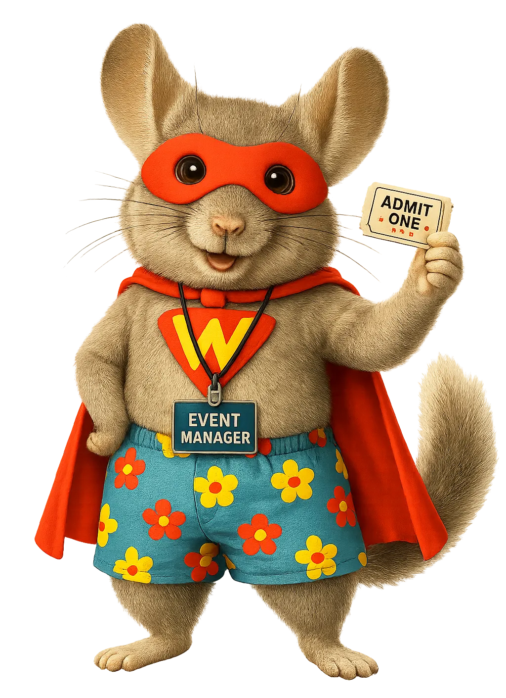 Superhero mascot holding an admission ticket and event badge, showcasing admissions and event management with birthday party booking software.