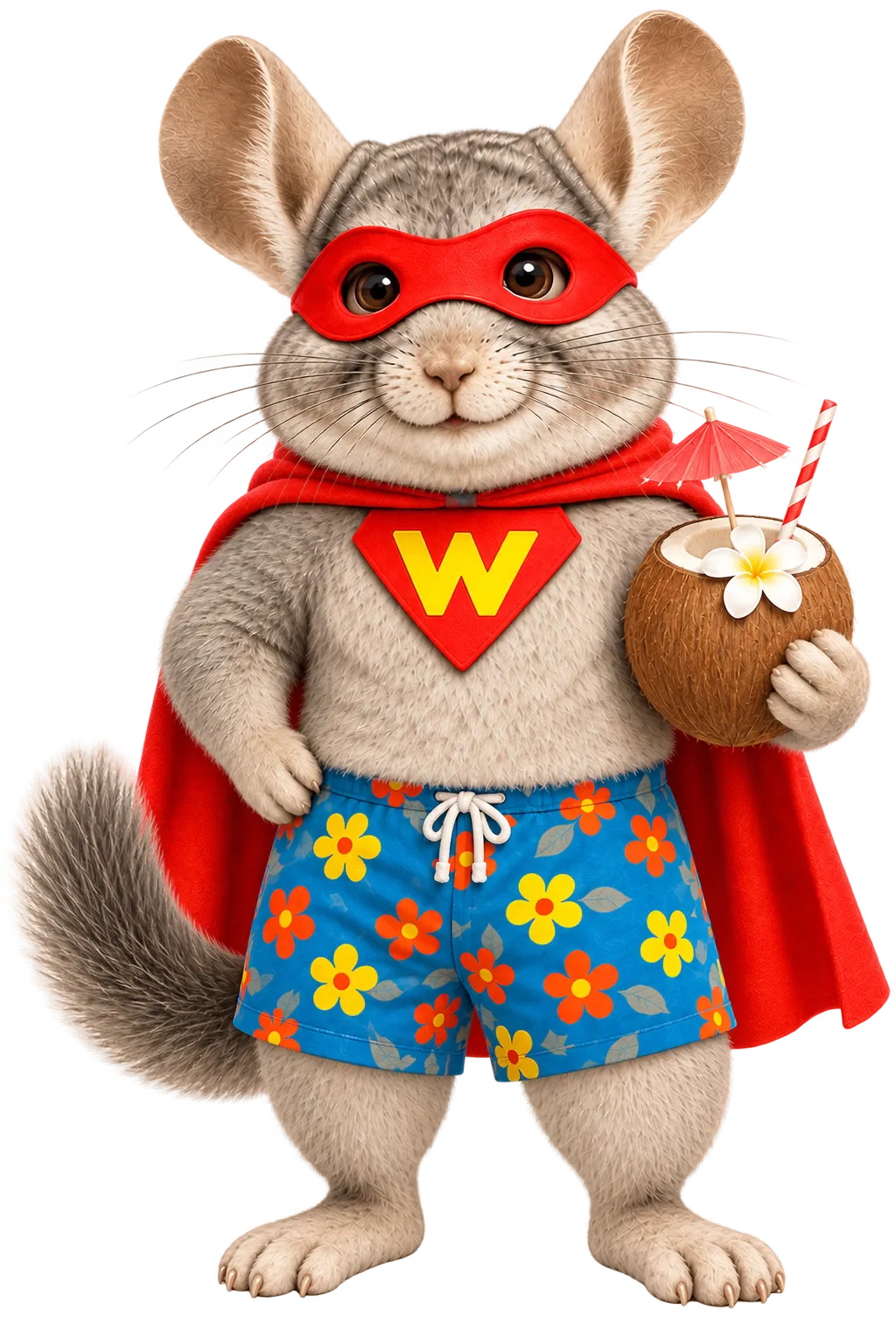 WinChilla mascot holding coconut drink showing he is relaxed with more hours for down time