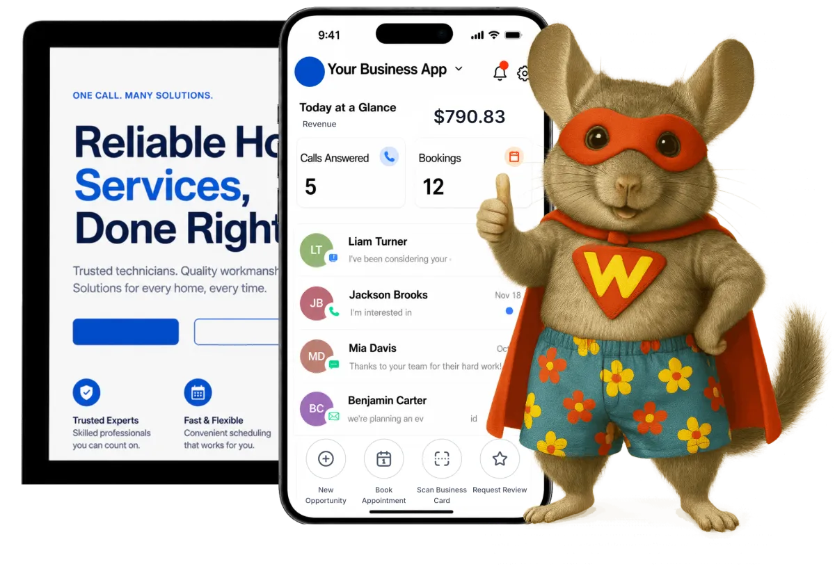dashboard for service business owners showing customer contacts and mobile app