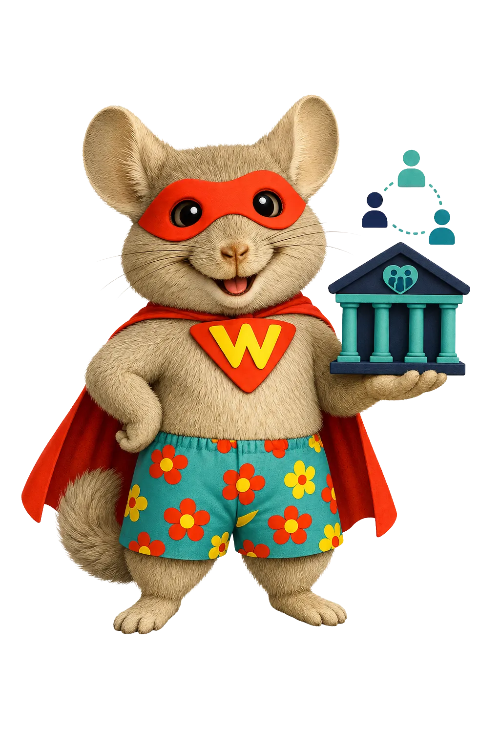 WinChilla mascot presenting a community credit union building for credit union CRM software.