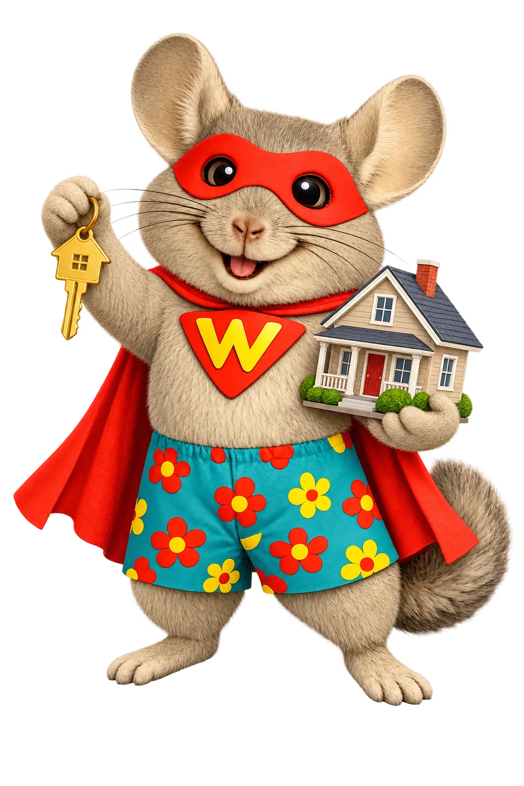 WinChilla superhero chinchilla holding a house and key to represent mortgage CRM software for brokers and agents.