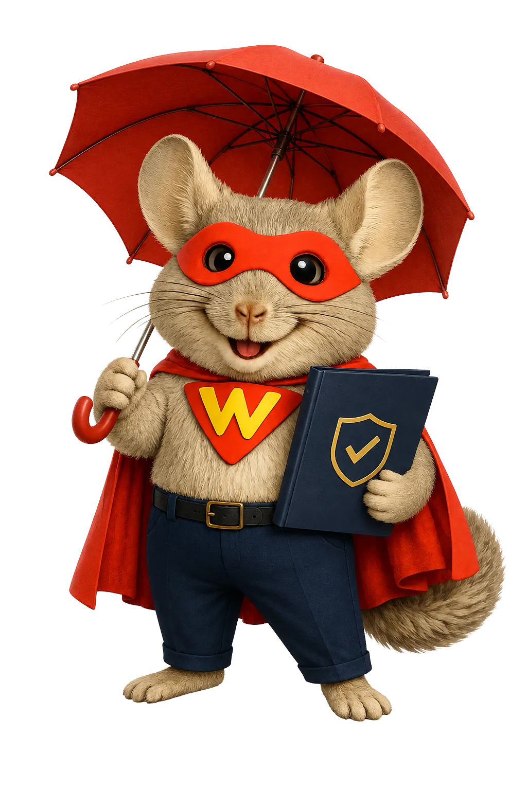 WinChilla mascot holding a protective umbrella and shield folder for insurance CRM software.