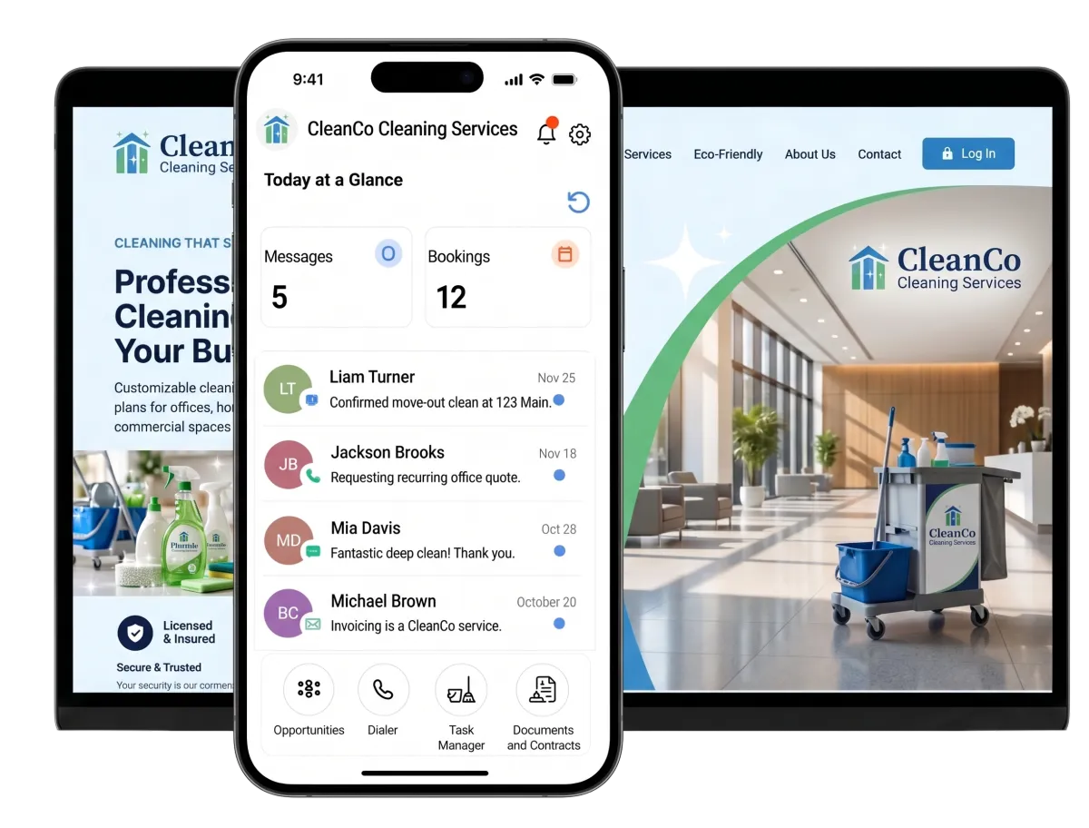 A smartphone, tablet, and laptop display cleaning business software, featuring daily booking management, client messages, and task scheduling tools.
