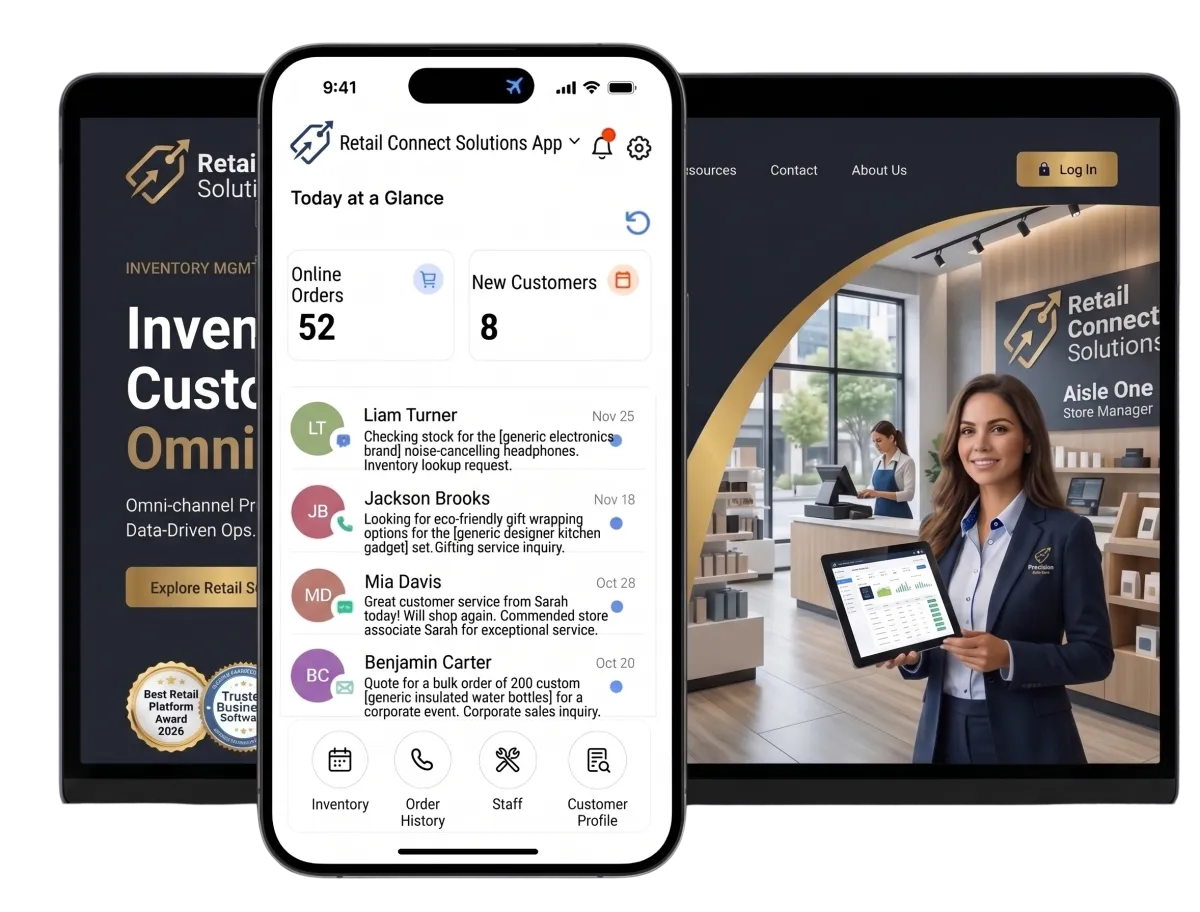 A multi-device mockup displays a retail crm software featuring live order metrics, customer interaction logs, and store management tools.