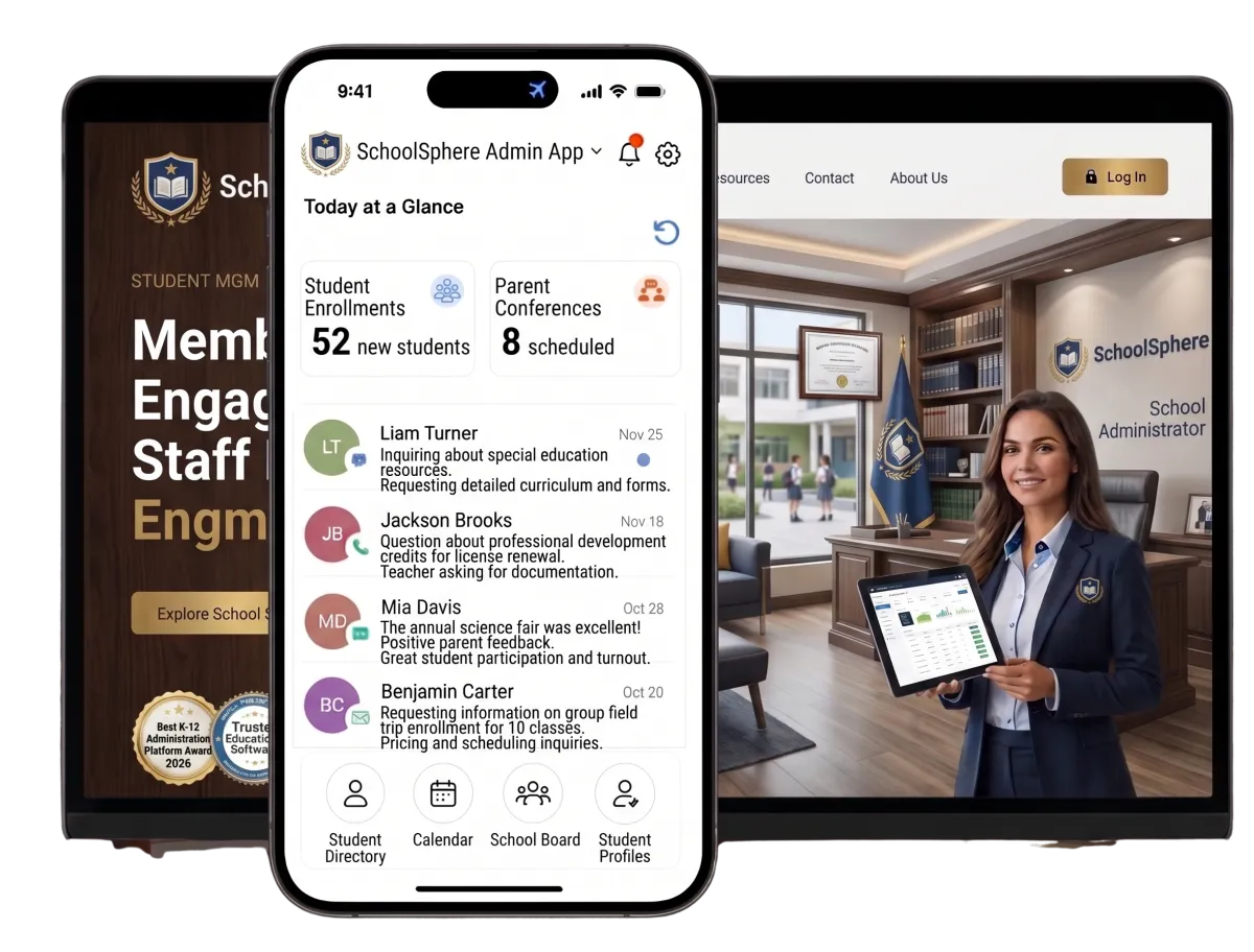 A multi-device display showcases a CRM for schools featuring student enrollment metrics, parent-teacher conference schedules, communication logs, and administrative navigation tools.