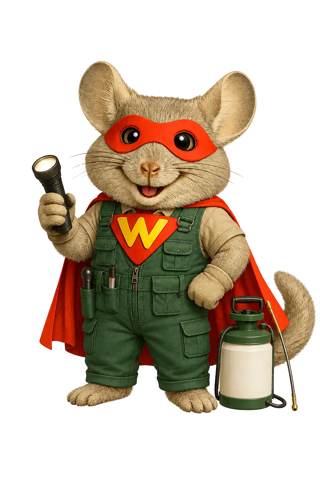 WinChilla mascot dressed as a pest control technician with a flashlight and sprayer for pest control CRM software.