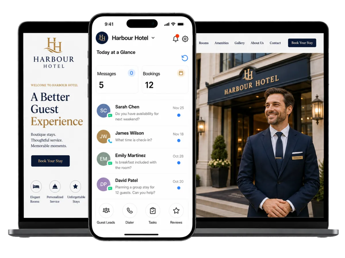 A smartphone displaying a hotel CRM interface with guest messages and booking metrics sits alongside a laptop showing a hotel website.