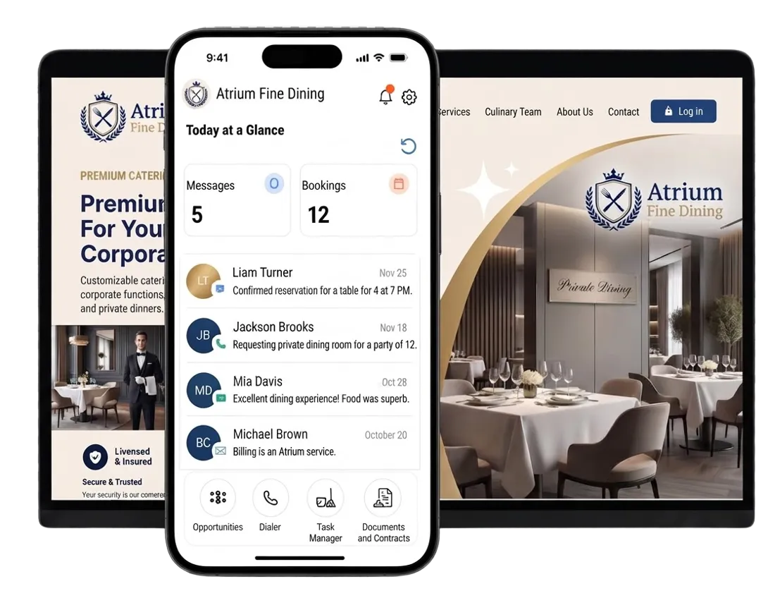 A multi-device mockup displays a retail crm software featuring live order metrics, customer interaction logs, and store management tools.