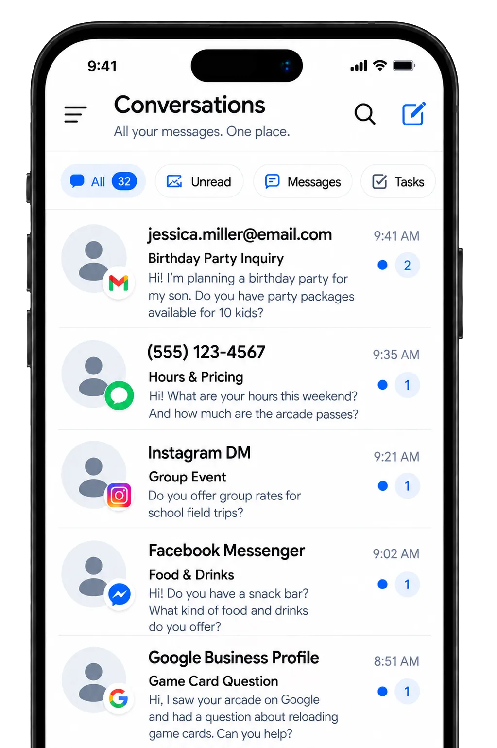 Customer conversation inbox with email, text, social media, and Google Business messages managed through guest management software.