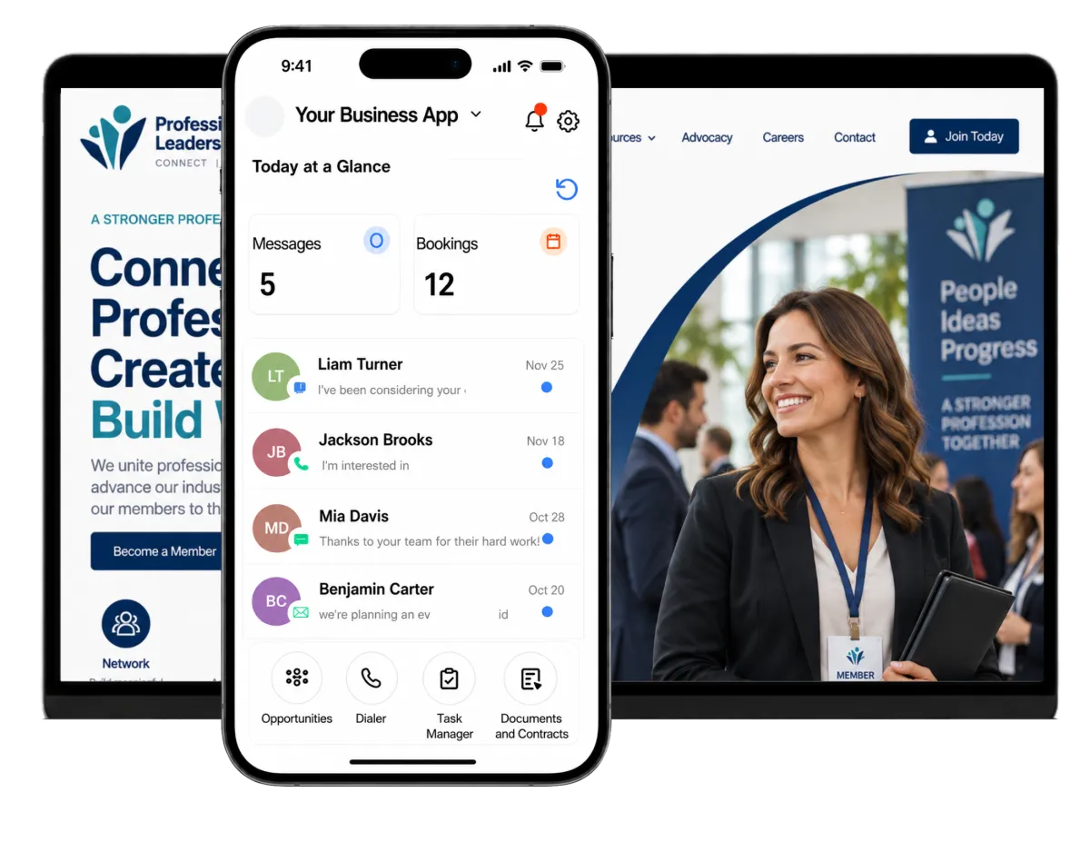 A multi-device mockup displays a membership crm featuring live member enrollment metrics, event attendee tracking, inquiry logs, and committee management tools.