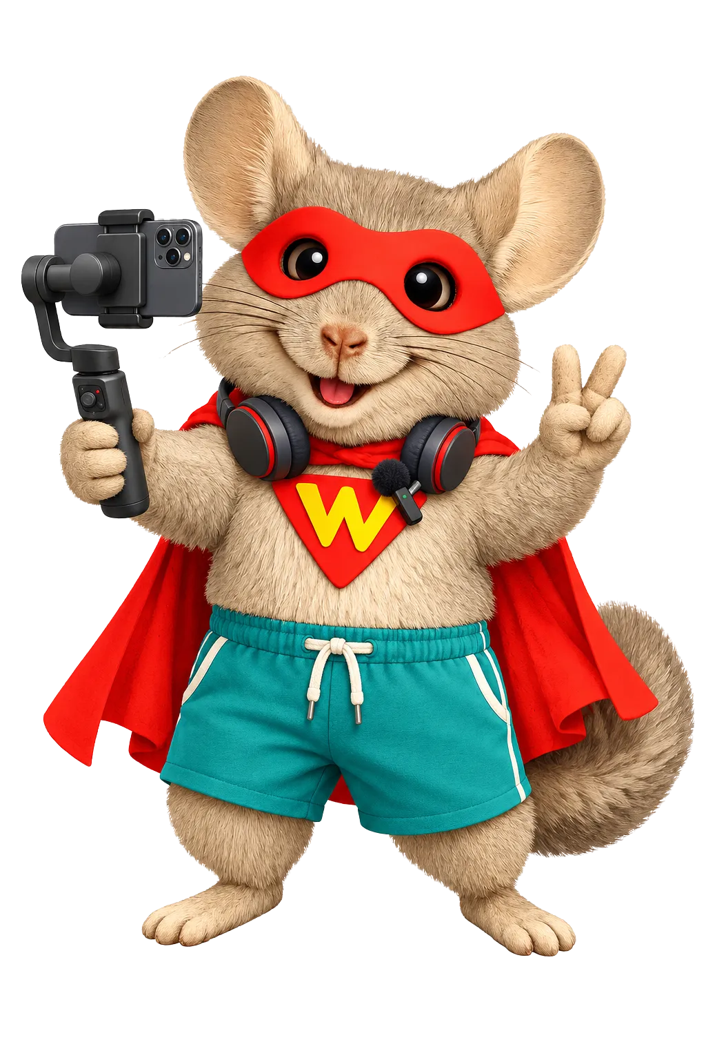 WinChilla’s superhero chinchilla mascot films a video with a smartphone gimbal to represent influencer CRM for content creators.