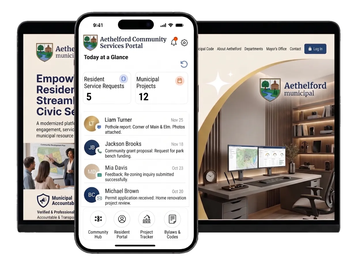 A multi-device display showcases a CRM for schools featuring student enrollment metrics, parent-teacher conference schedules, communication logs, and administrative navigation tools.