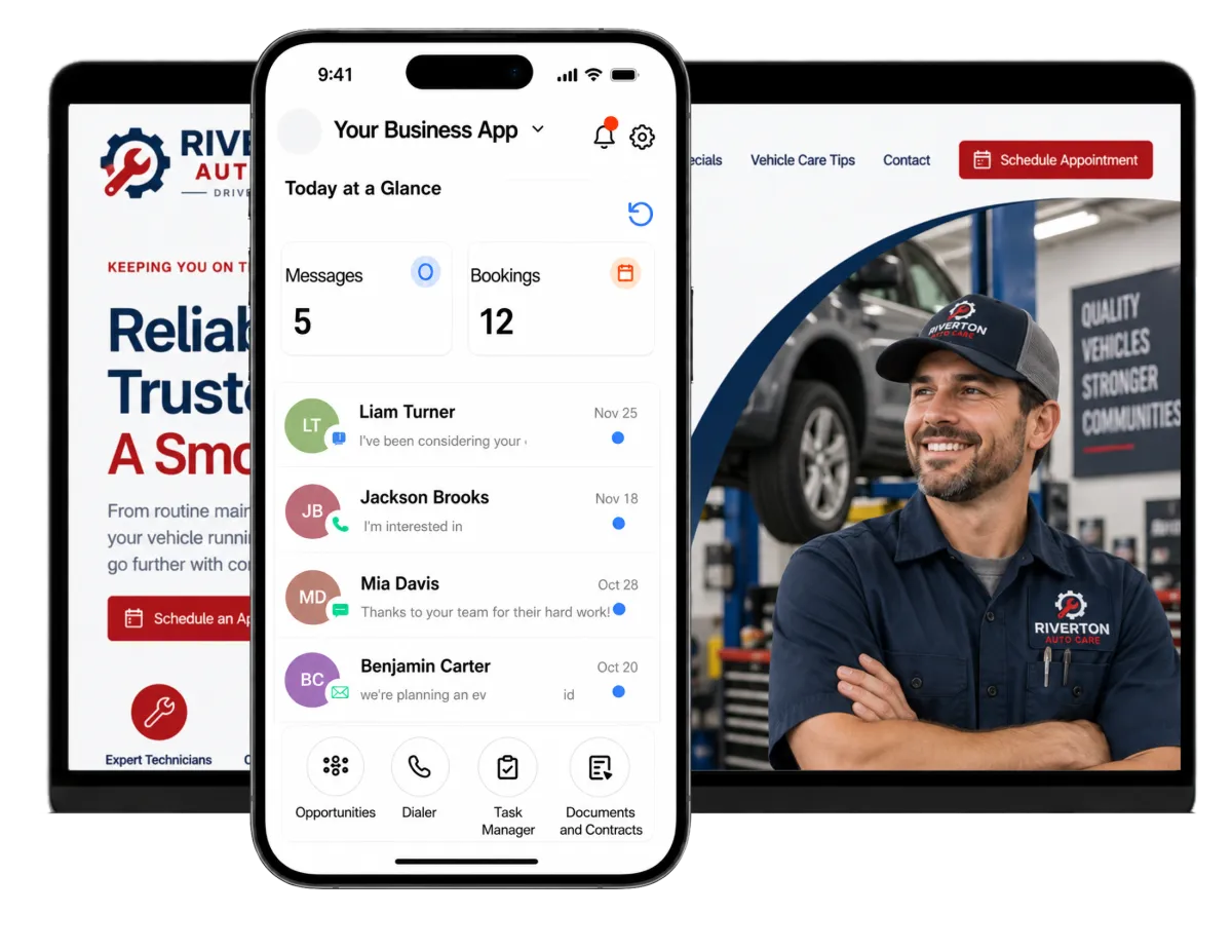 A smartphone, laptop, and tablet showcase a powerful, integrated solution for auto repair marketing and customer management.