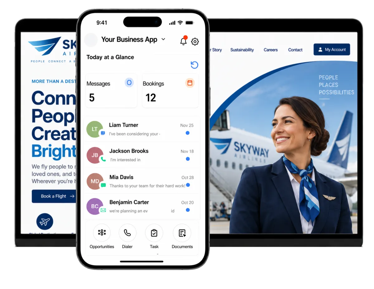 A display of a smartphone, tablet, and laptop showcasing the interface of an airline CRM system designed for managing charter requests, flight inquiries, and customer relations.