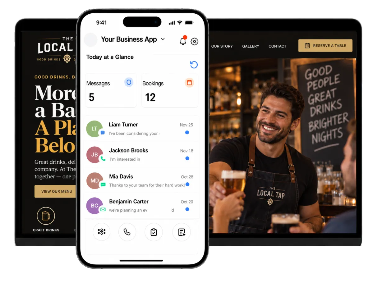 desktop and mobile app screens displaying event dashboards and reservation tools for bar marketing.