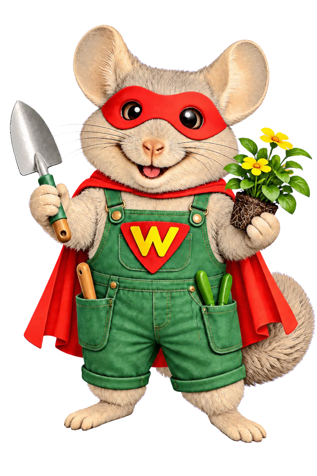 WinChilla mascot holding a garden trowel and flowering plant to represent landscaping business software.