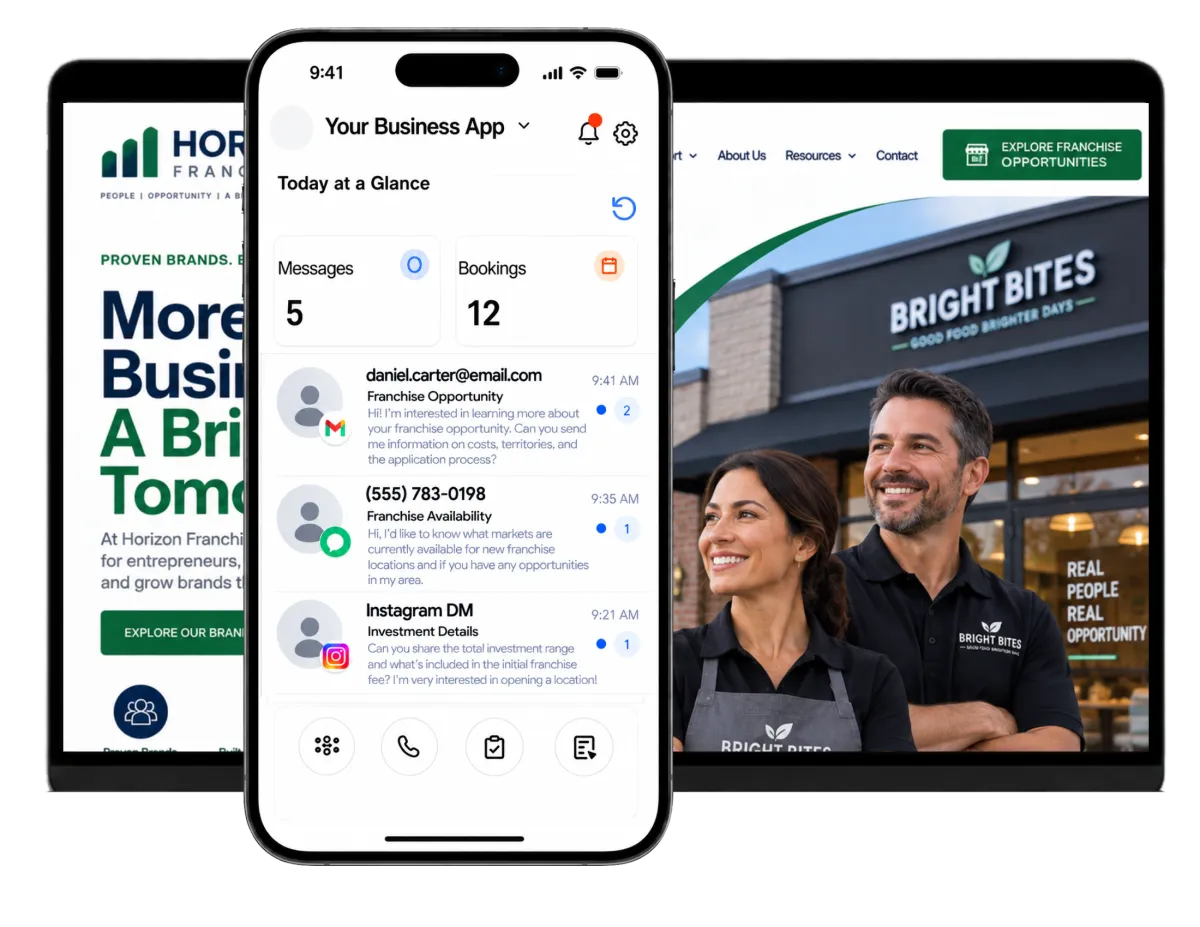 A multi-device mockup displays a retail crm software featuring live order metrics, customer interaction logs, and store management tools.
