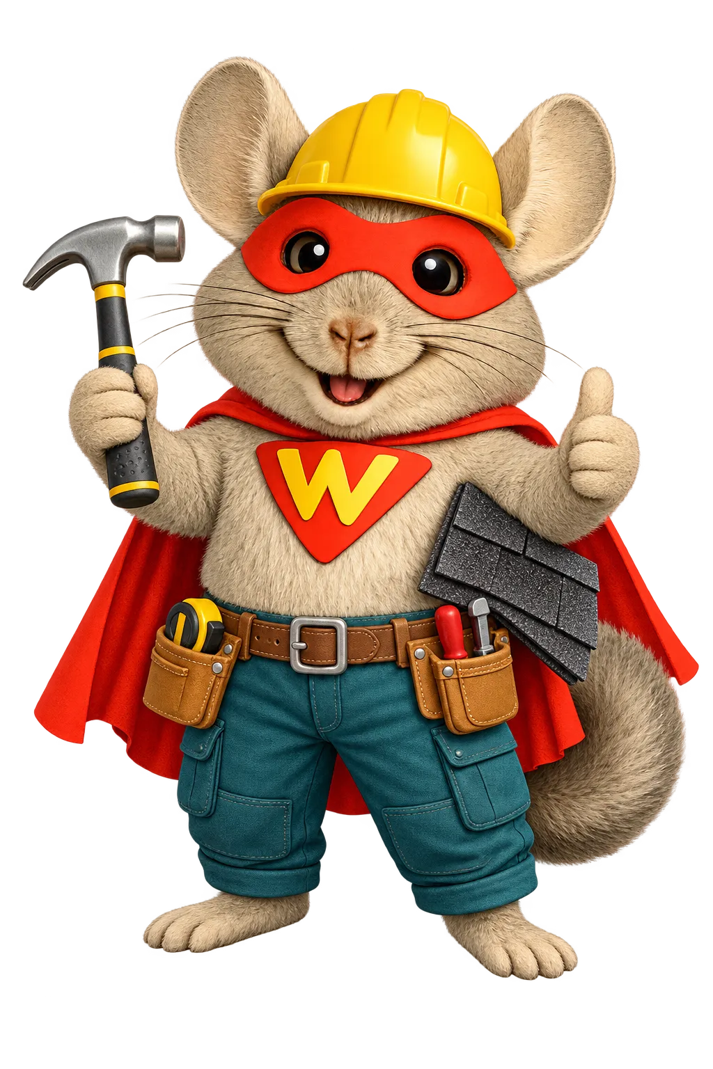 Roofing CRM mascot wearing a hard hat and tool belt while holding a roofing hammer and shingles.